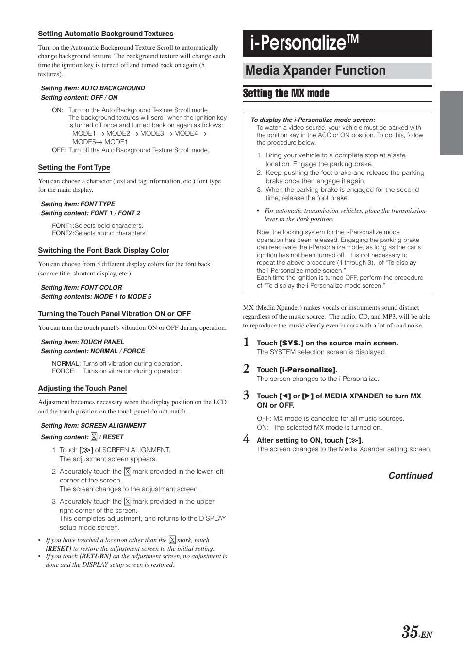 I-personalize, Media xpander function, Setting the mx mode | Alpine IVA-D300 User Manual | Page 37 / 78