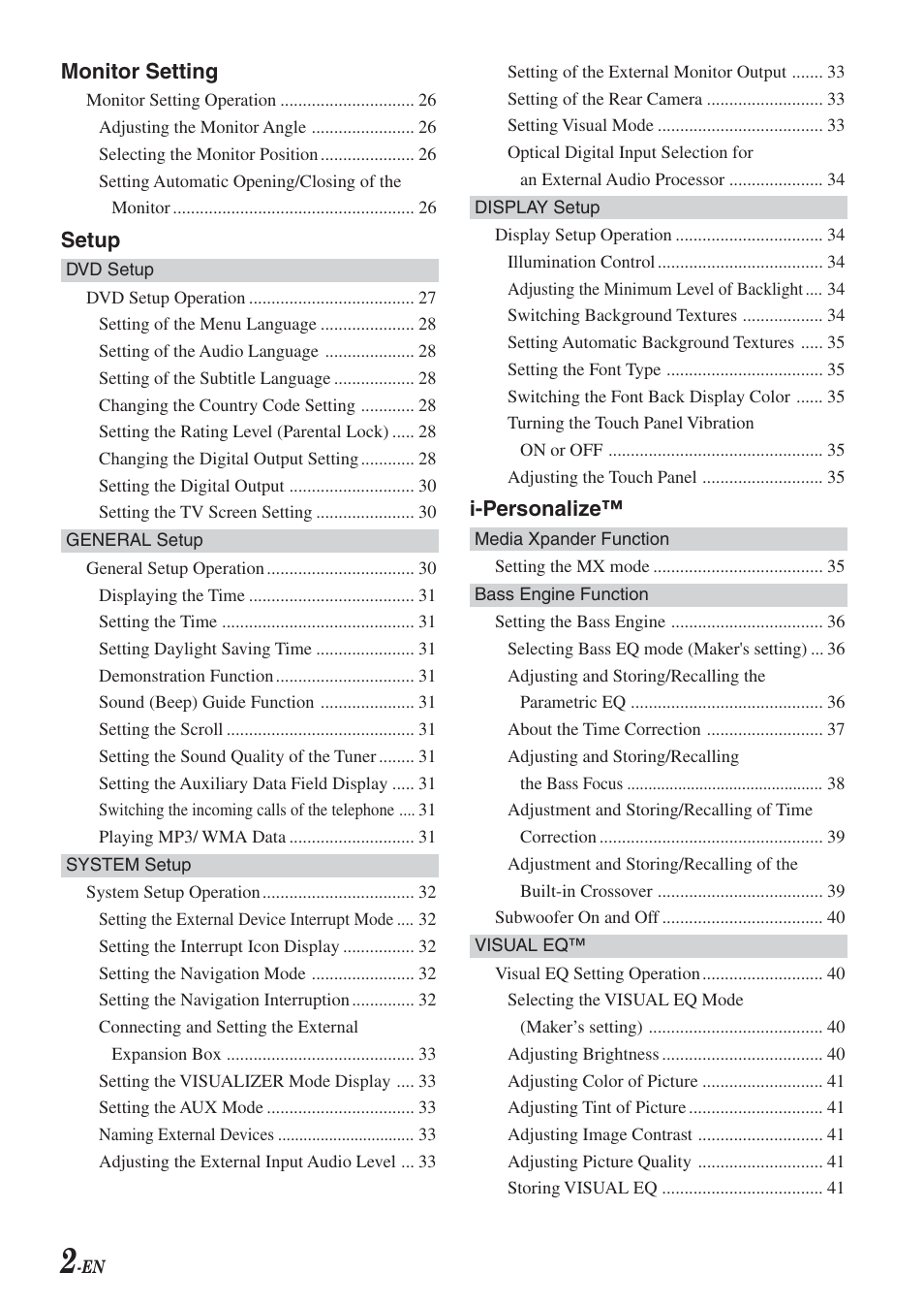 Monitor setting, Setup, I-personalize | Alpine IVA-D300 User Manual | Page 4 / 78