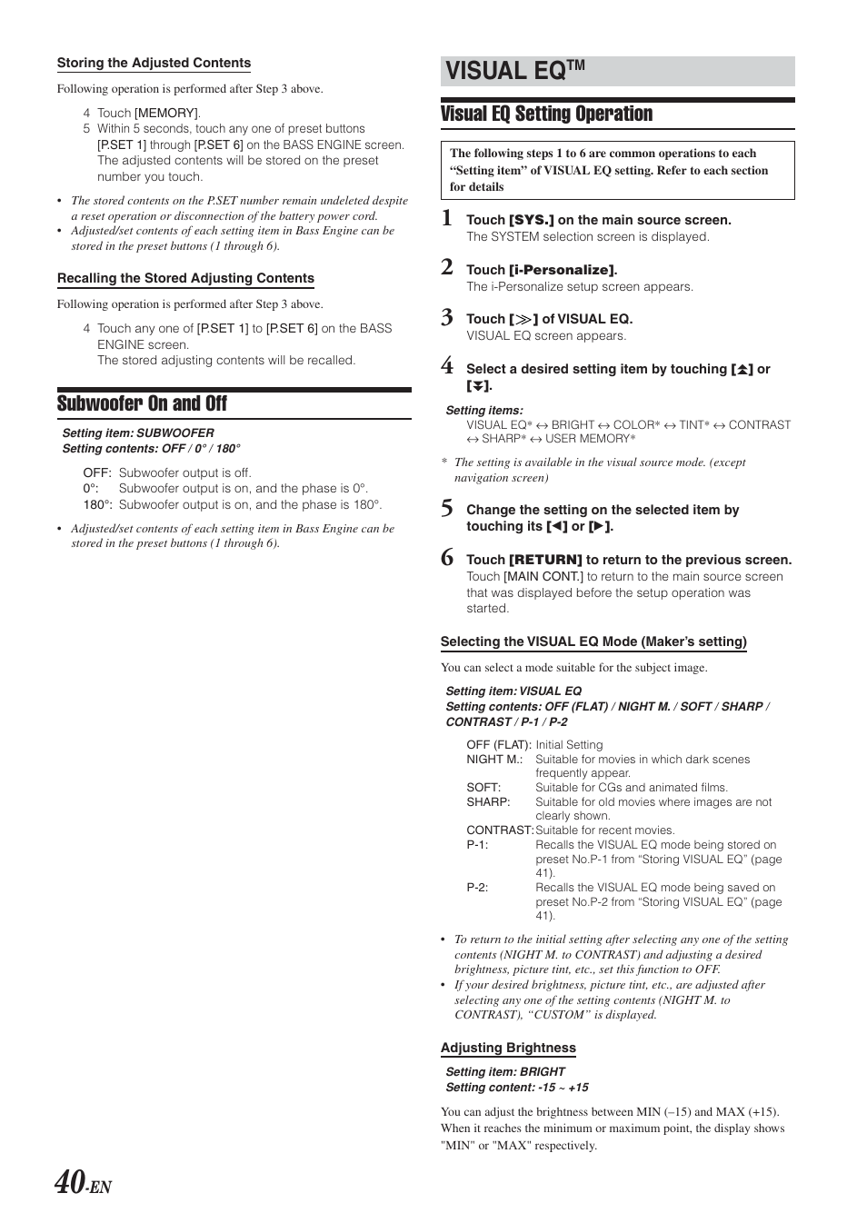 Visual eq, Visual eq setting operation, Subwoofer on and off | Alpine IVA-D300 User Manual | Page 42 / 78
