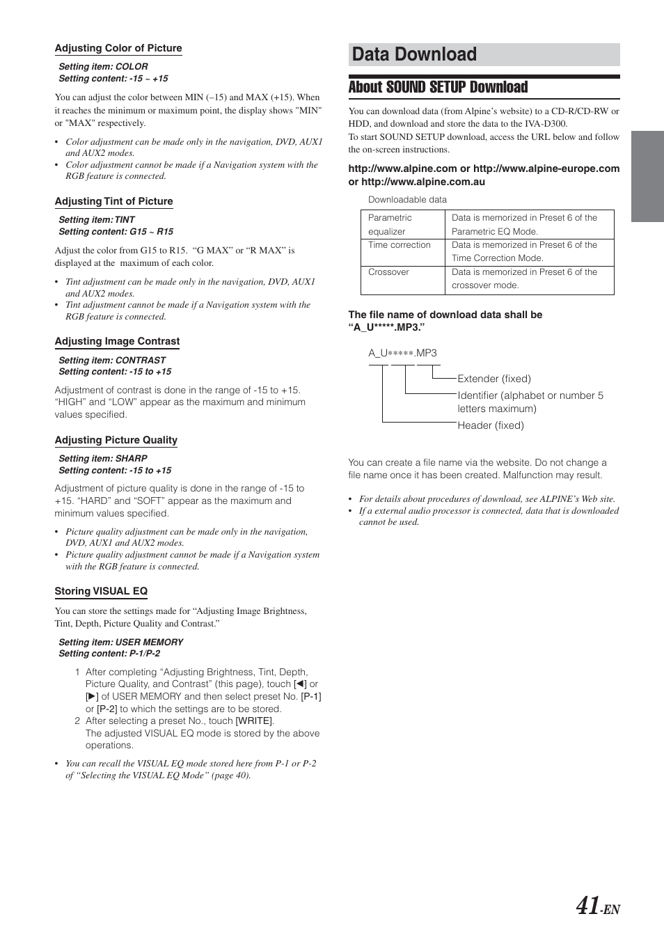 Data download, About sound setup download | Alpine IVA-D300 User Manual | Page 43 / 78