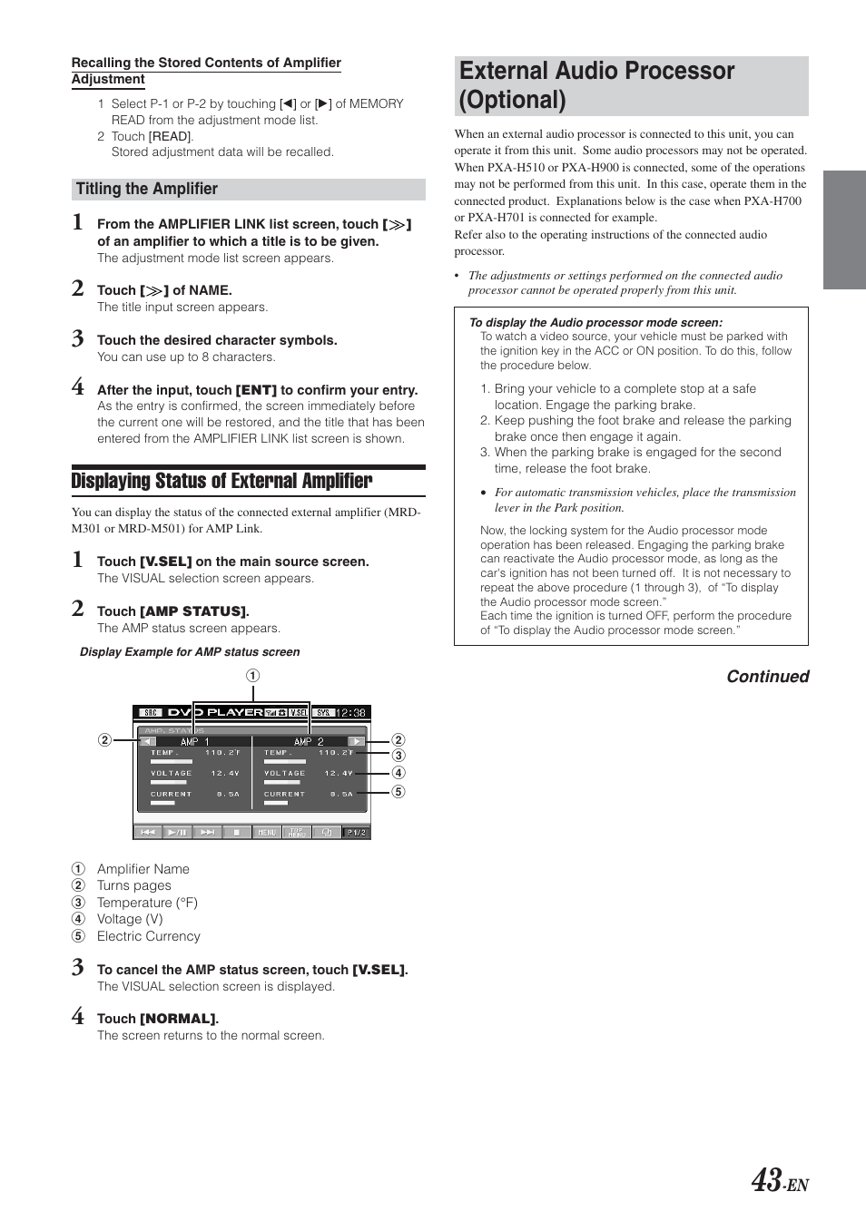 External audio processor (optional), Displaying status of external amplifier | Alpine IVA-D300 User Manual | Page 45 / 78