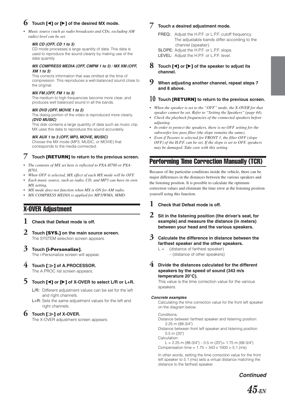 Performing time correction manually (tcr), X-over adjustment | Alpine IVA-D300 User Manual | Page 47 / 78