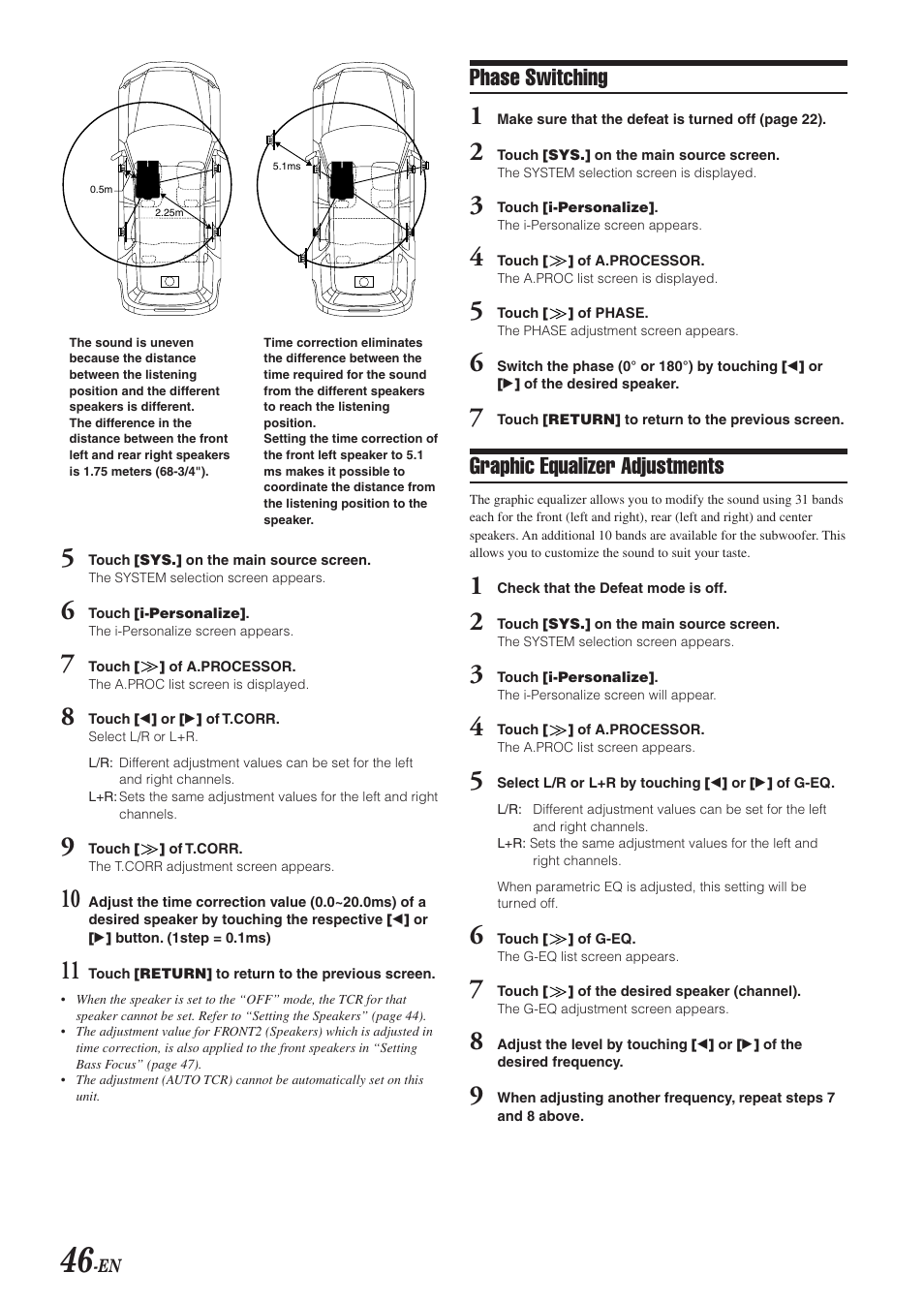 Phase switching, Graphic equalizer adjustments | Alpine IVA-D300 User Manual | Page 48 / 78