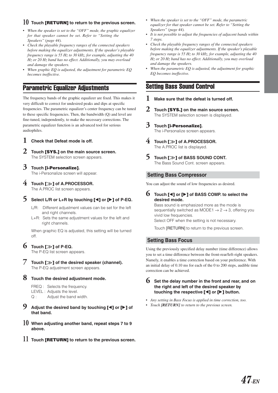 Setting bass sound control, Parametric equalizer adjustments | Alpine IVA-D300 User Manual | Page 49 / 78