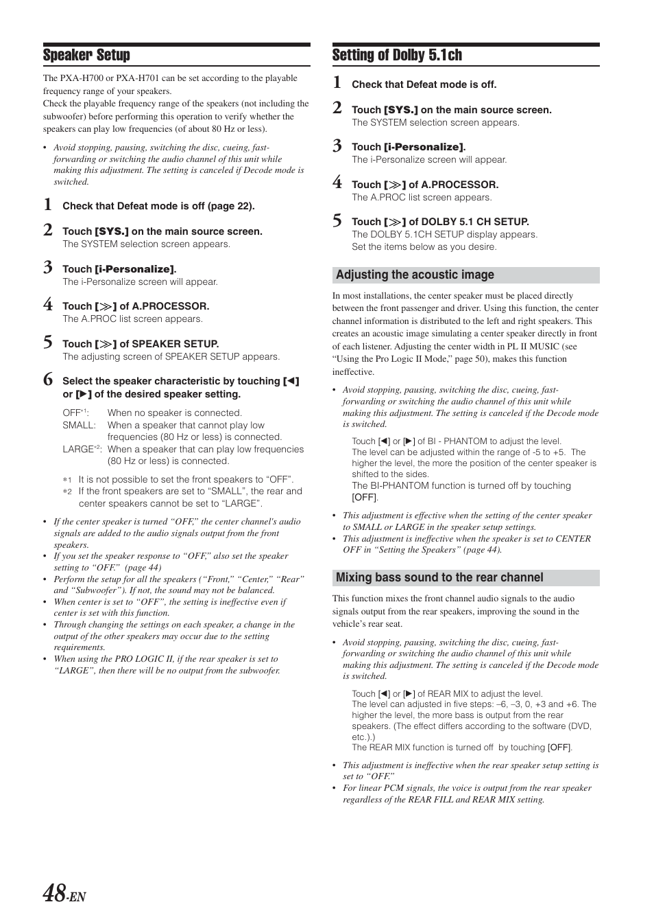 Speaker setup, Setting of dolby 5.1ch | Alpine IVA-D300 User Manual | Page 50 / 78