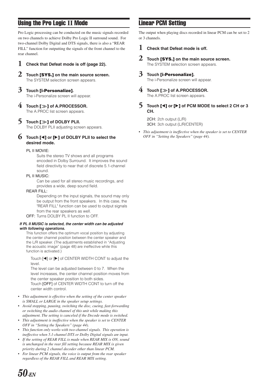 Linear pcm setting, Using the pro logic ii mode | Alpine IVA-D300 User Manual | Page 52 / 78