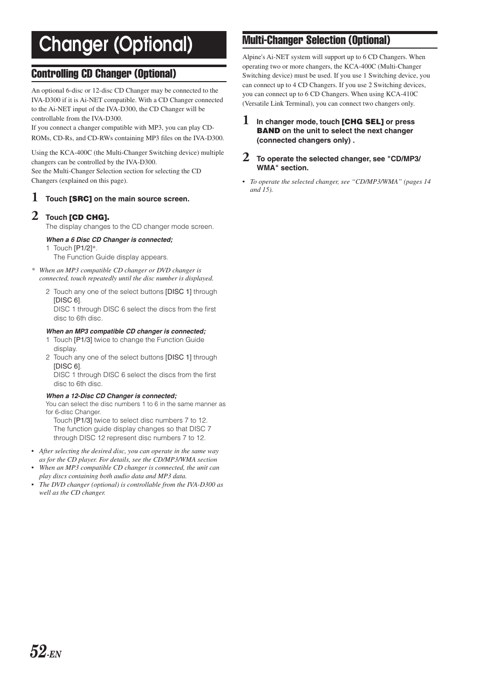 Changer (optional), Multi-changer selection (optional), Controlling cd changer (optional) | Alpine IVA-D300 User Manual | Page 54 / 78