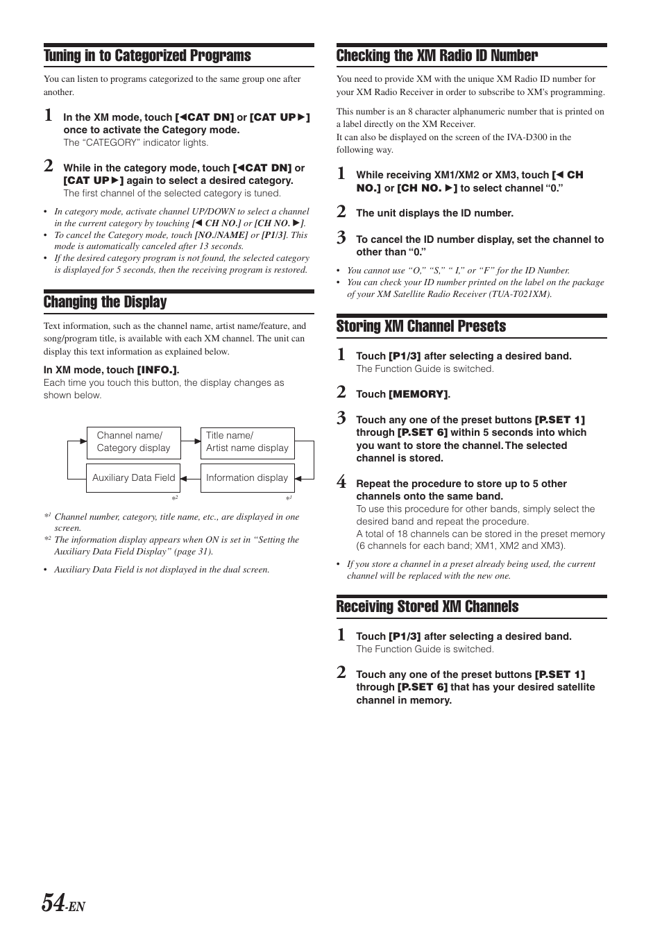 Checking the xm radio id number, Storing xm channel presets, Receiving stored xm channels | Tuning in to categorized programs, Changing the display | Alpine IVA-D300 User Manual | Page 56 / 78