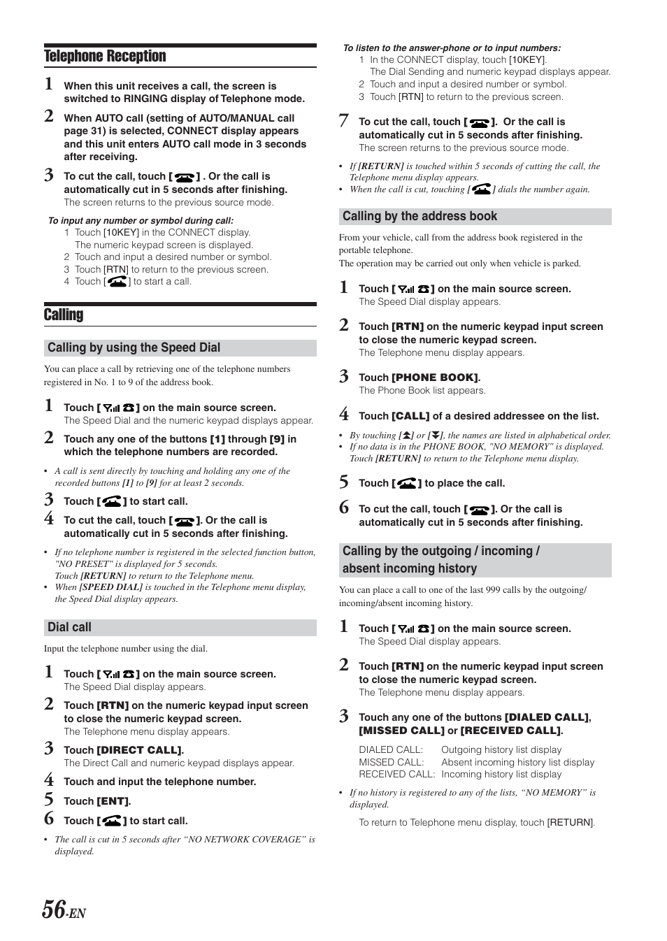 Telephone reception, Calling | Alpine IVA-D300 User Manual | Page 58 / 78