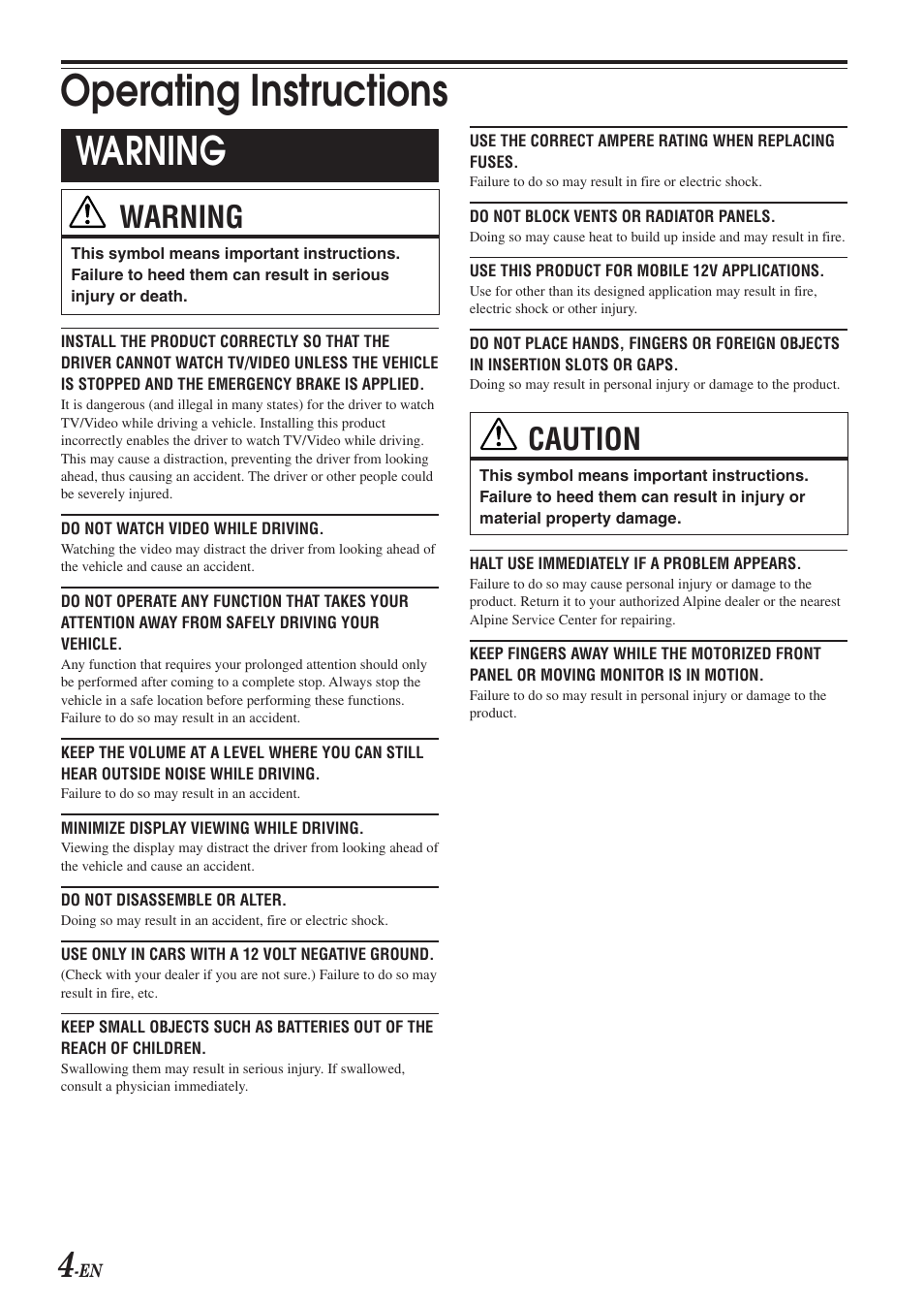 Operating instructions, Warning, Caution | Alpine IVA-D300 User Manual | Page 6 / 78