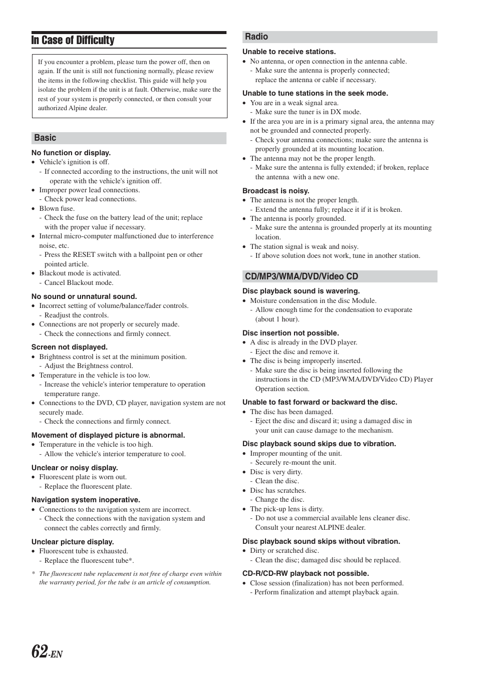 En radio, Cd/mp3/wma/dvd/video cd, Basic | Alpine IVA-D300 User Manual | Page 64 / 78