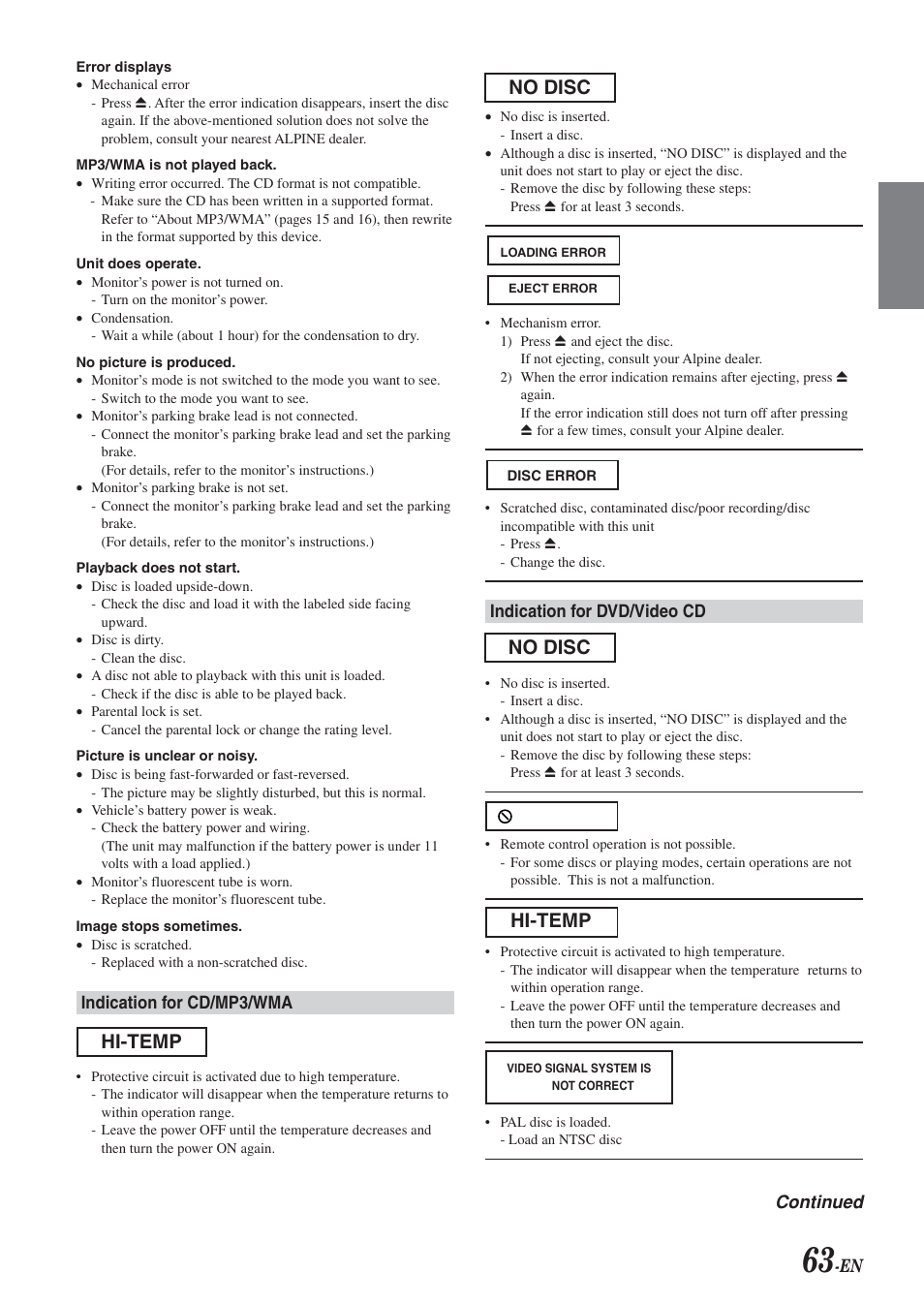 No disc, Hi-temp | Alpine IVA-D300 User Manual | Page 65 / 78