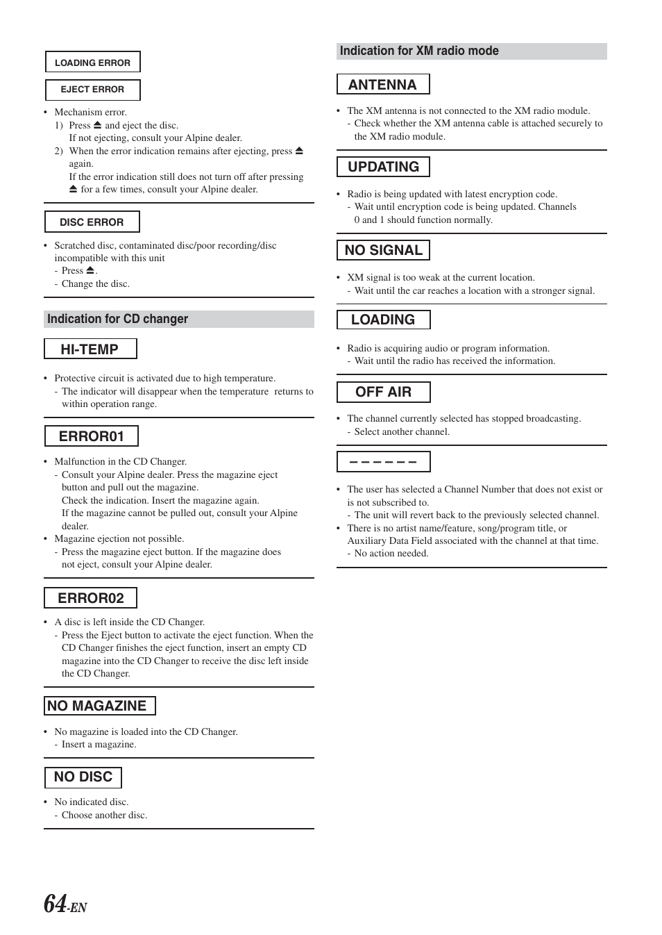 Hi-temp error01 no magazine error02 no disc | Alpine IVA-D300 User Manual | Page 66 / 78