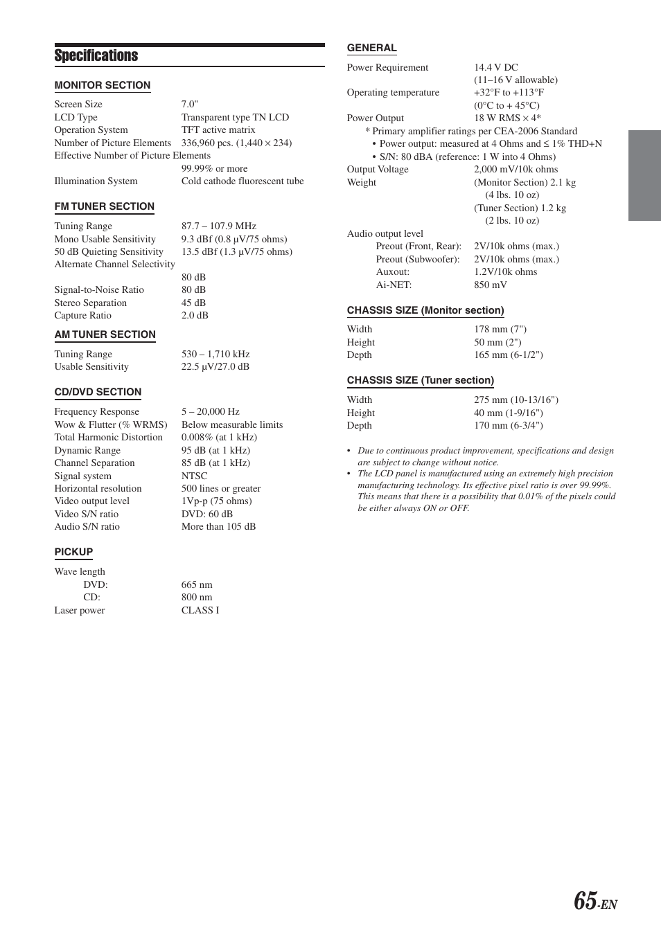 Specifications | Alpine IVA-D300 User Manual | Page 67 / 78