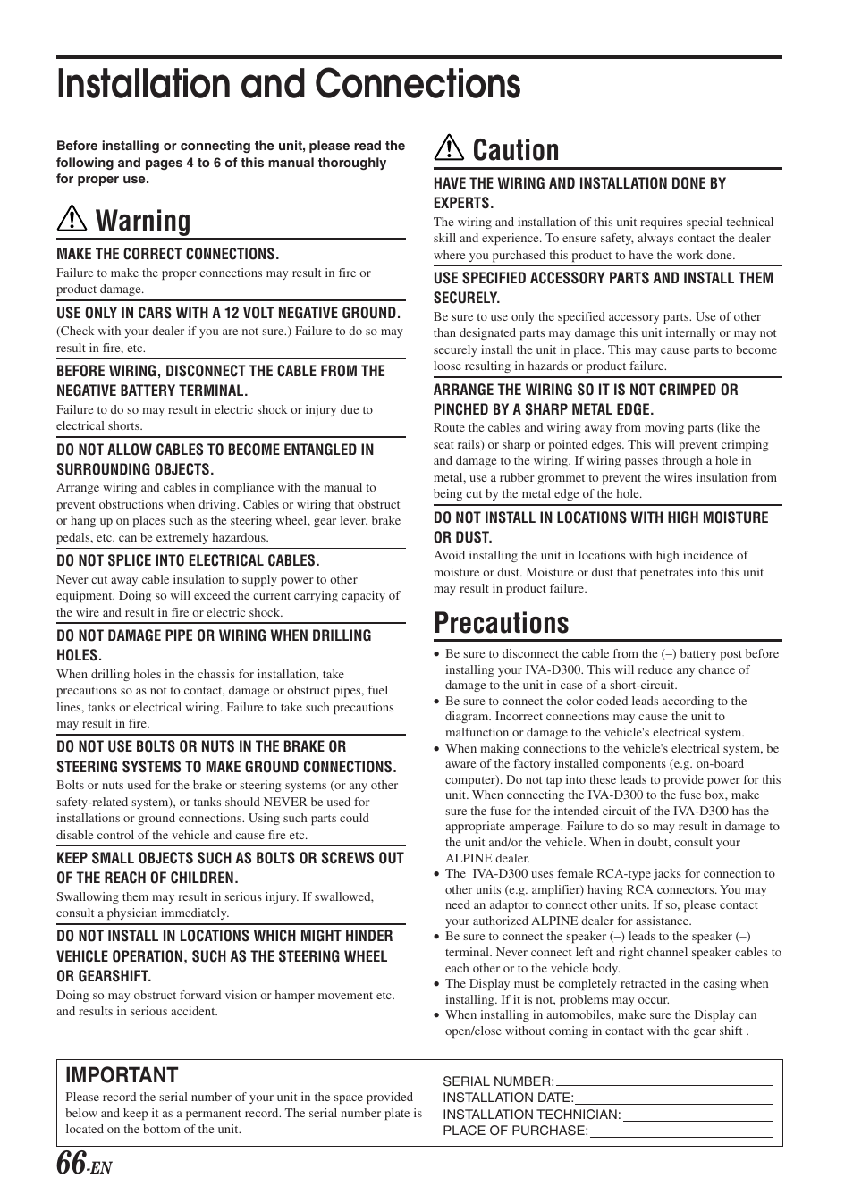 Installation and connections, Caution, Precautions | Warning, Important | Alpine IVA-D300 User Manual | Page 68 / 78