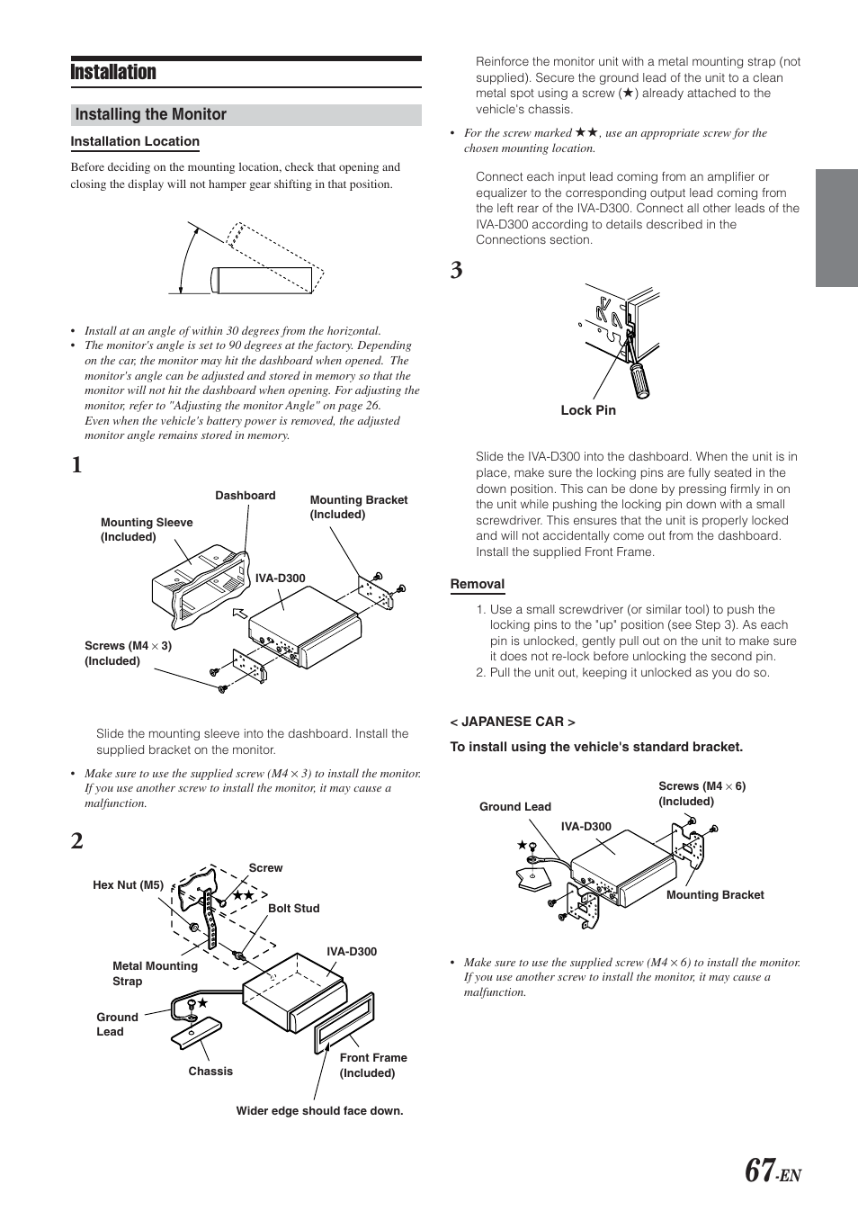 Installation, Installing the monitor | Alpine IVA-D300 User Manual | Page 69 / 78