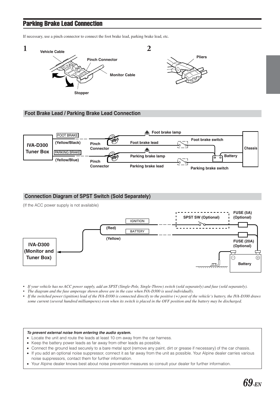 Parking brake lead connection, Foot brake lead / parking brake lead connection | Alpine IVA-D300 User Manual | Page 71 / 78
