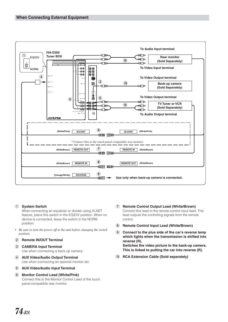 When connecting external equipment, Mono), 1 system switch | 2 remote in/out terminal 3 camera input terminal, 4 aux video/audio output terminal, 7 remote control output lead (white/brown) | Alpine IVA-D300 User Manual | Page 76 / 78