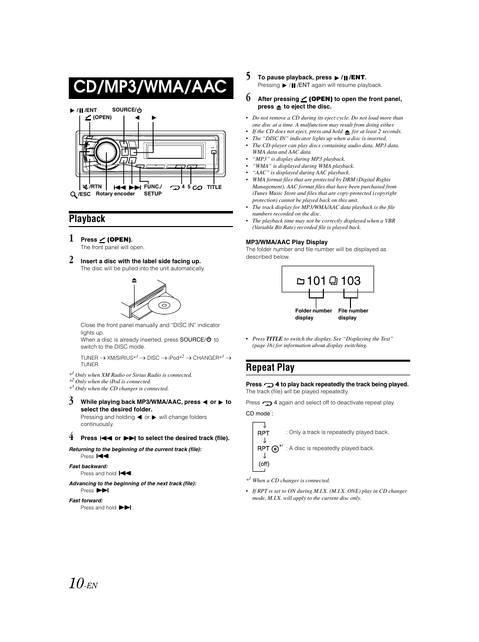 Cd / mp3 / wma / aac operation, Cd/mp3/wma/aac, Playback | Repeat play | Alpine CDA-9883 User Manual | Page 11 / 39