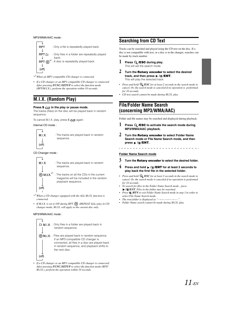 M.i.x. (random play), Searching from cd text, File/folder name search (concerning mp3/wma/aac) | Alpine CDA-9883 User Manual | Page 12 / 39