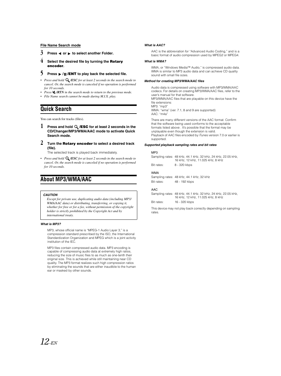 File format compatibility, Quick search, About mp3/wma/aac | Alpine CDA-9883 User Manual | Page 13 / 39