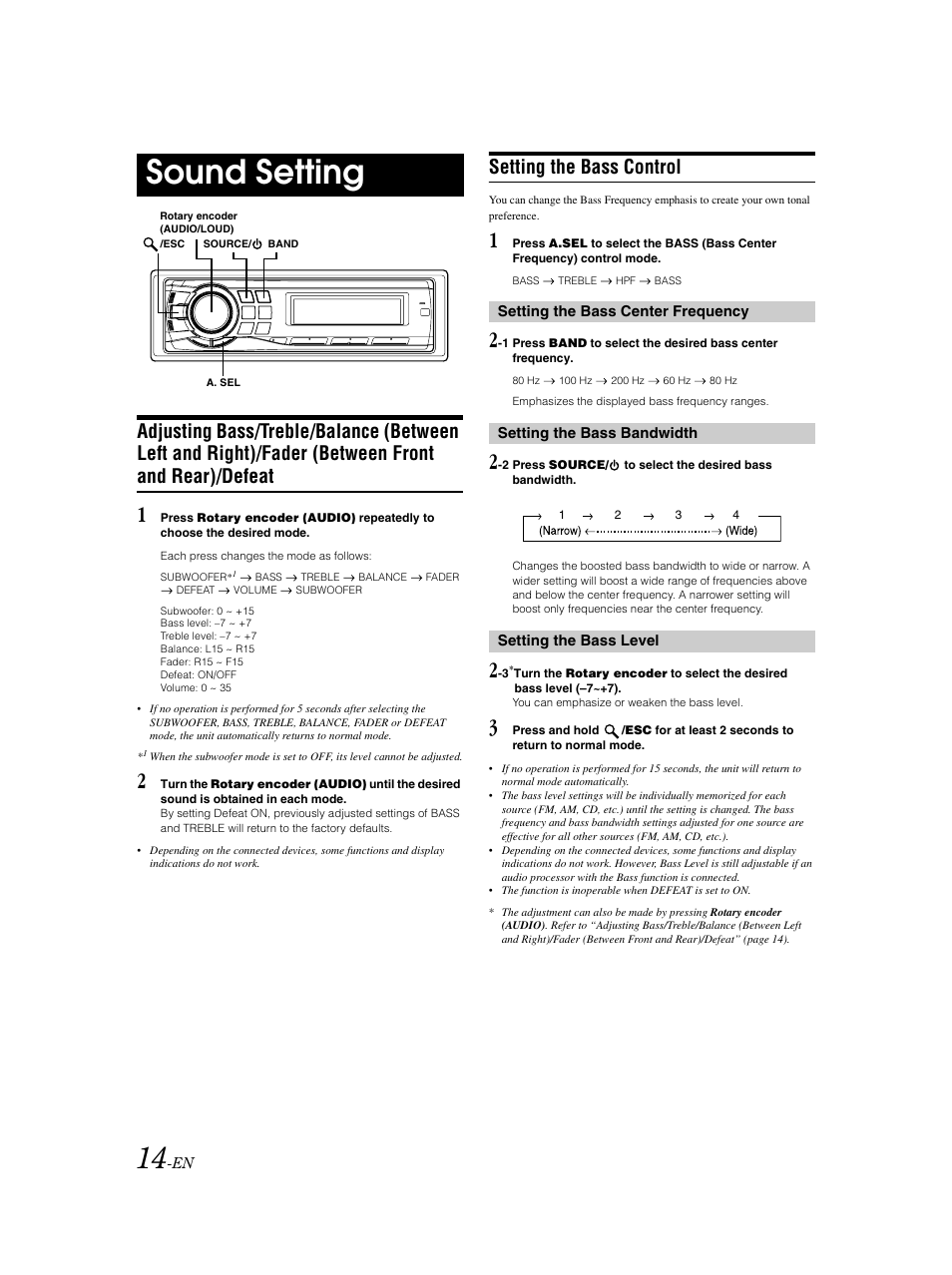 Sound adjustments, Sound setting, Setting the bass control | Alpine CDA-9883 User Manual | Page 15 / 39