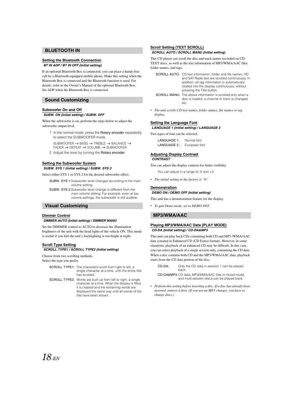 Bluetooth, Sound customizing, Visual customizing | Mp3 / wma / aac, Bluetooth in, Mp3/wma/aac | Alpine CDA-9883 User Manual | Page 19 / 39