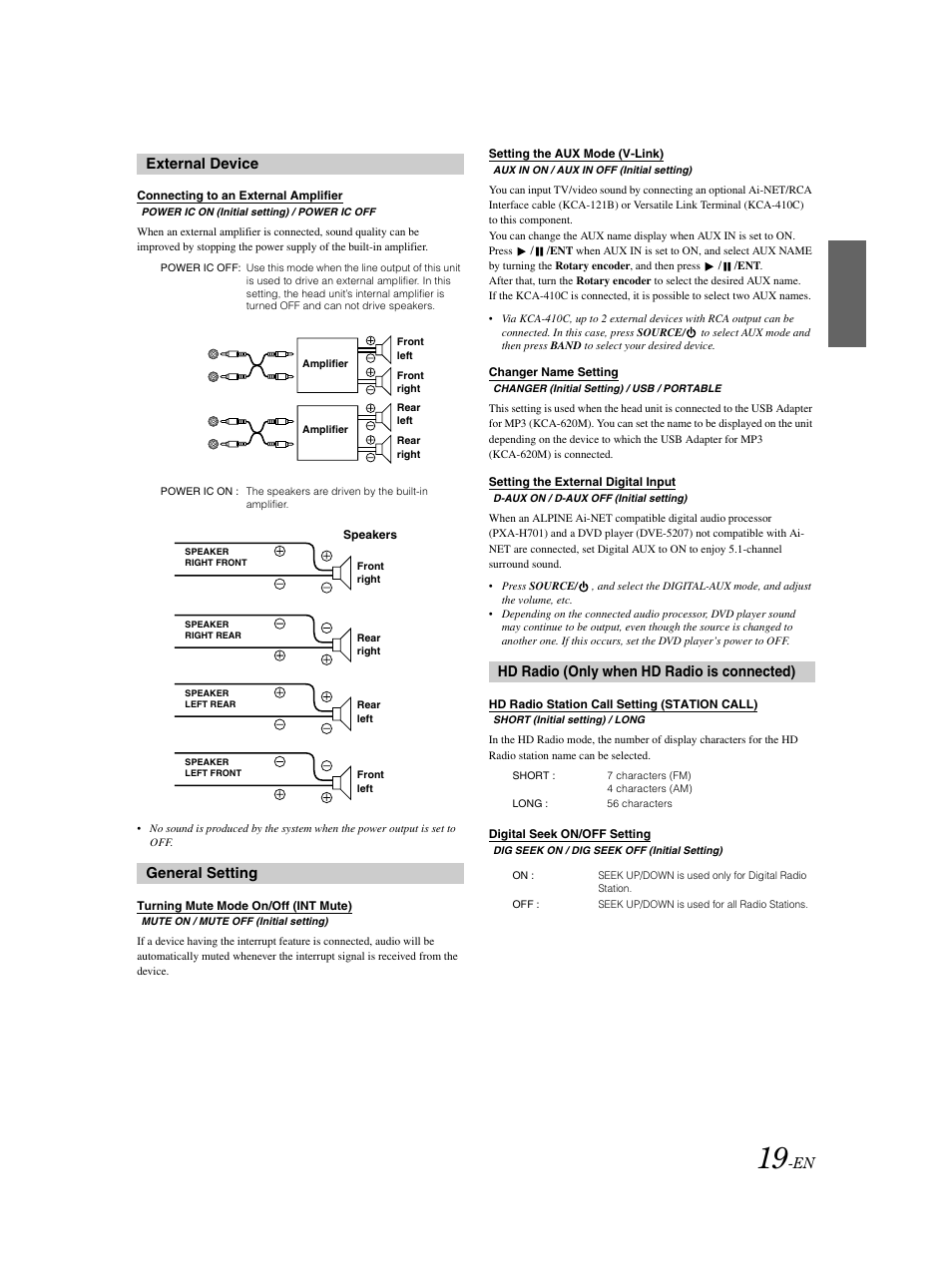 External device, General setting, Hd radio (only when hd radio is connected) | Alpine CDA-9883 User Manual | Page 20 / 39