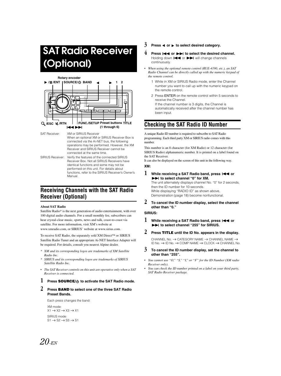Satellite radio control, Sat radio receiver (optional), Checking the sat radio id number | Alpine CDA-9883 User Manual | Page 21 / 39