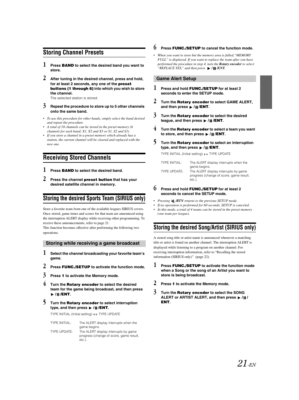 Storing channel presets, Receiving stored channels, Storing the desired sports team (sirius only) | Storing the desired song/artist (sirius only) | Alpine CDA-9883 User Manual | Page 22 / 39