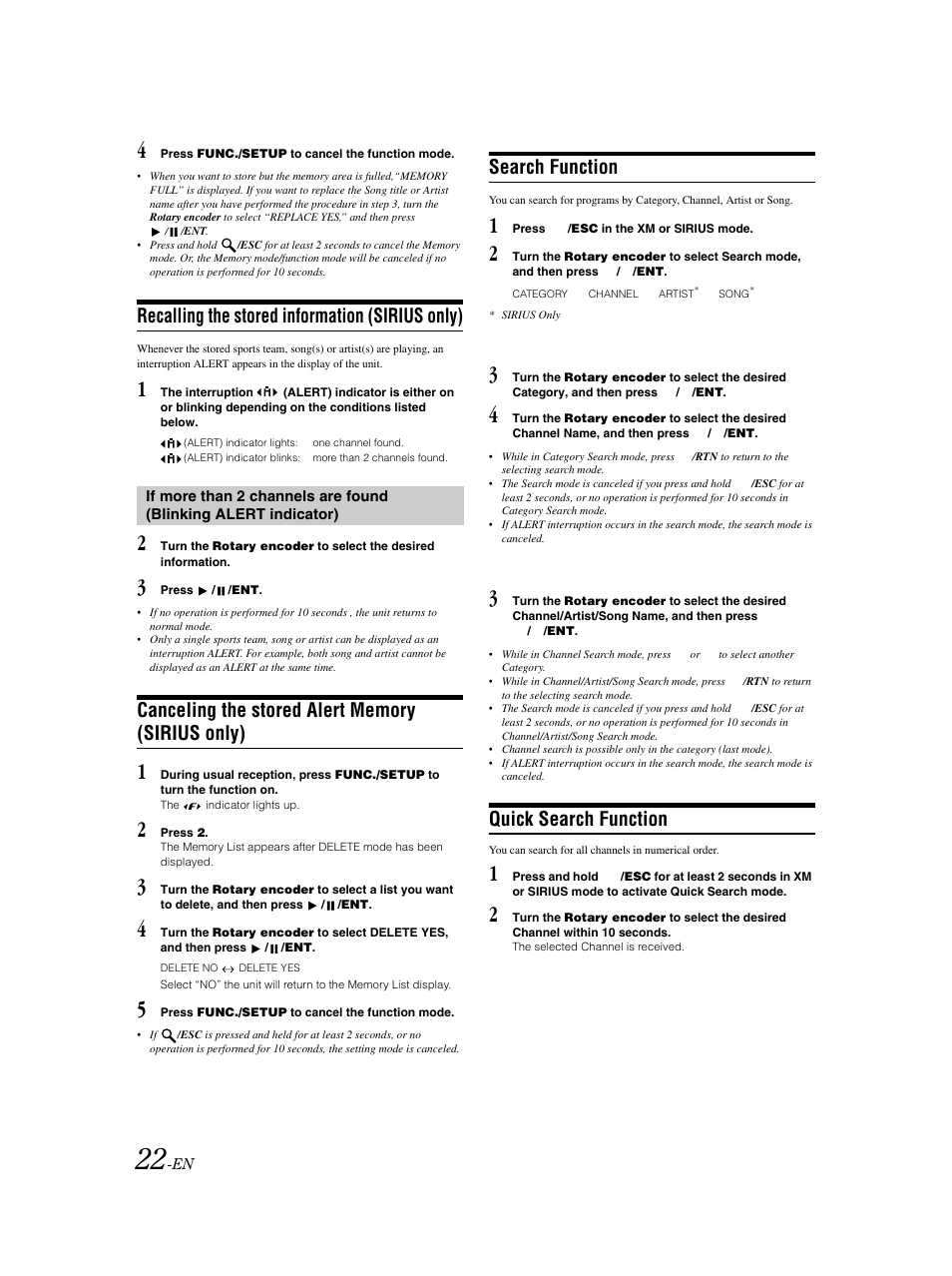 Recalling the stored information (sirius only), Search function, Quick search function | Alpine CDA-9883 User Manual | Page 23 / 39