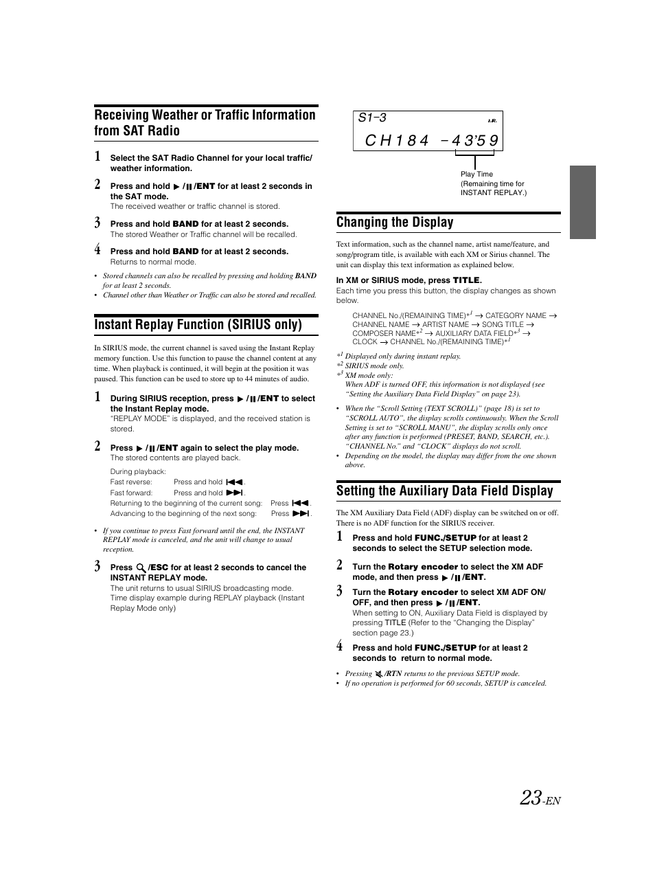 Instant replay function (sirius only), Changing the display, Setting the auxiliary data field display | S1 3 | Alpine CDA-9883 User Manual | Page 24 / 39