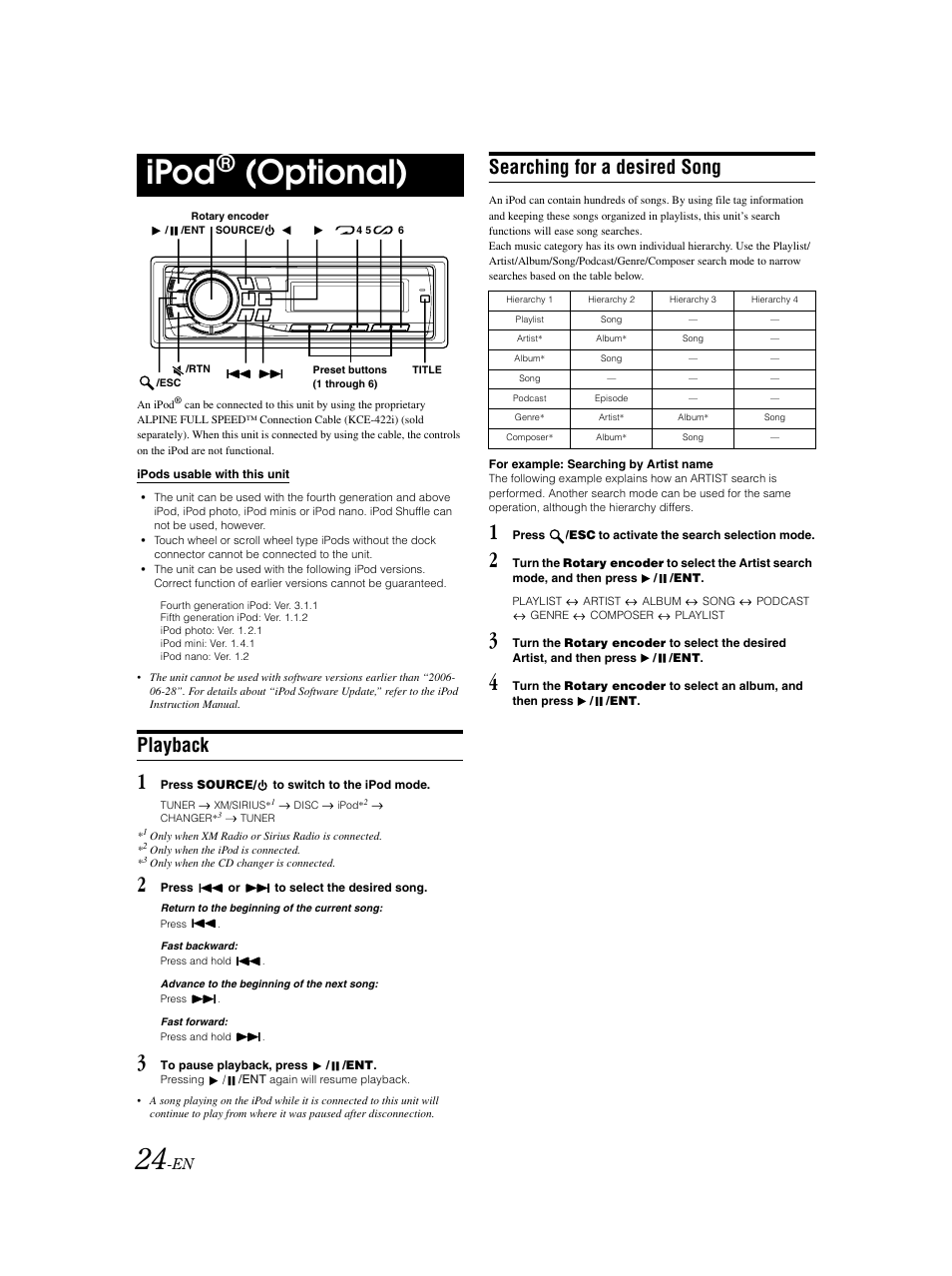 Ipod control, Ipod, Optional) | Playback, Searching for a desired song | Alpine CDA-9883 User Manual | Page 25 / 39