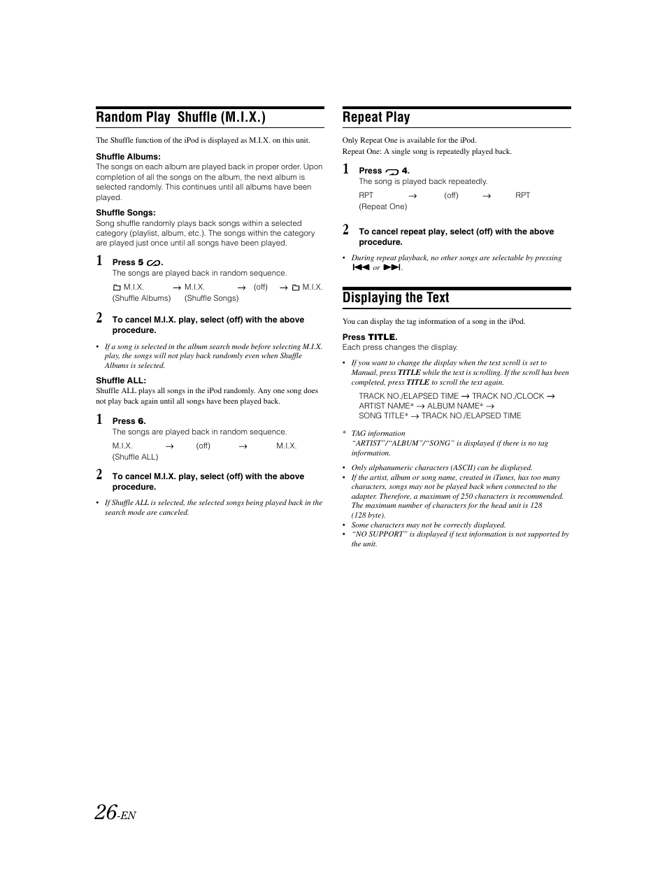 Random play shuffle (m.i.x.), Repeat play, Displaying the text | Alpine CDA-9883 User Manual | Page 27 / 39