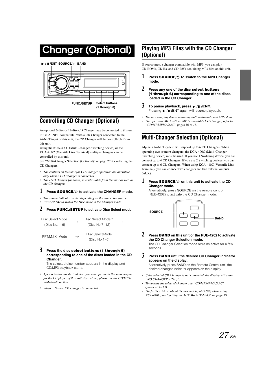 Changer control, Changer (optional), Controlling cd changer (optional) | Playing mp3 files with the cd changer (optional), Multi-changer selection (optional) | Alpine CDA-9883 User Manual | Page 28 / 39