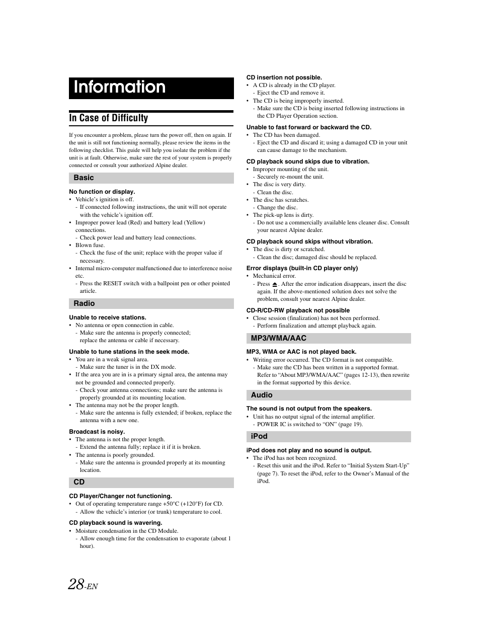 Troubleshooting, Information | Alpine CDA-9883 User Manual | Page 29 / 39