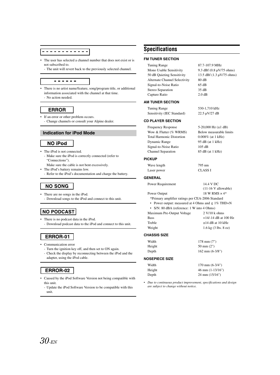 Specs, Specifications | Alpine CDA-9883 User Manual | Page 31 / 39