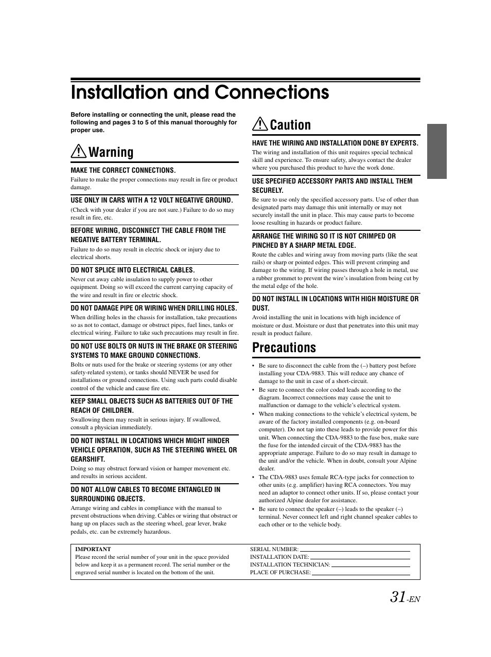 Installation & connections, Installation and connections, Warning | Caution, Precautions | Alpine CDA-9883 User Manual | Page 32 / 39