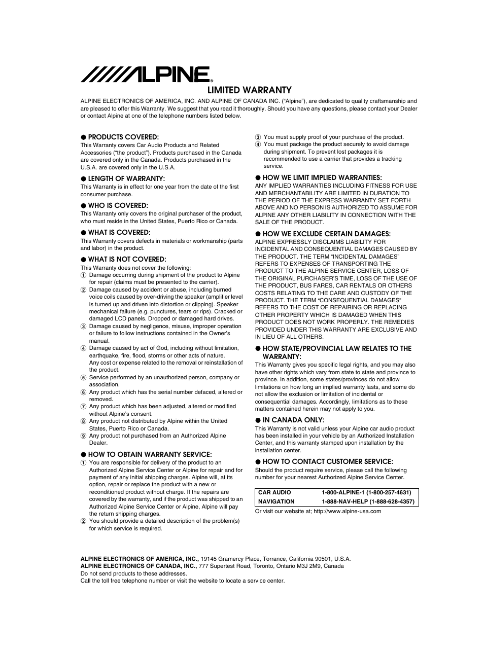 Warranty, Limited warranty | Alpine CDA-9883 User Manual | Page 37 / 39