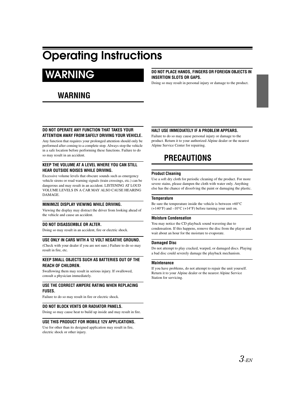 Operating instructions, Warning, Precautions | Alpine CDA-9883 User Manual | Page 4 / 39