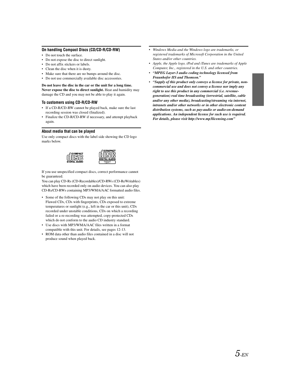 Disc compatibility | Alpine CDA-9883 User Manual | Page 6 / 39