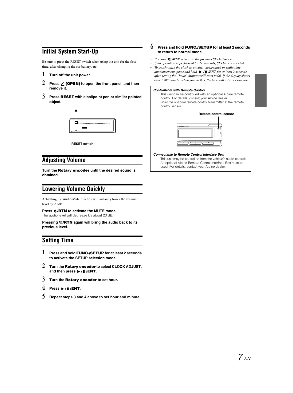 Reset, Clock set, Volume / att | Initial system start-up, Adjusting volume, Lowering volume quickly, Setting time | Alpine CDA-9883 User Manual | Page 8 / 39