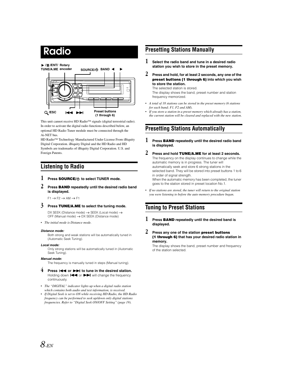 Radio operation, Radio, Listening to radio | Presetting stations manually, Presetting stations automatically, Tuning to preset stations | Alpine CDA-9883 User Manual | Page 9 / 39