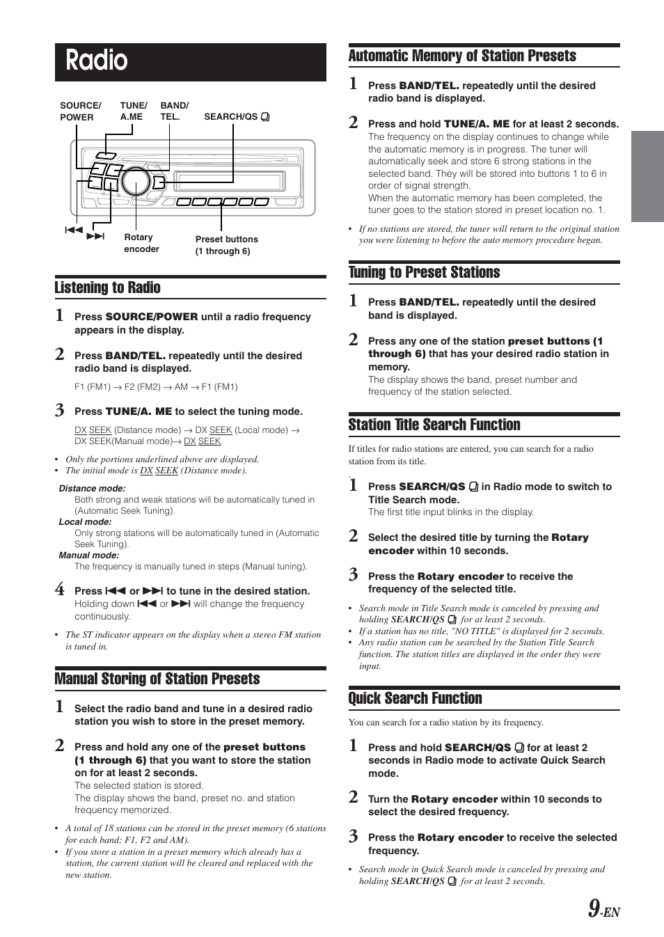 Radio, Tuning to preset stations, Station title search function | Quick search function, Listening to radio, Manual storing of station presets | Alpine CDA-9820XM User Manual | Page 11 / 30