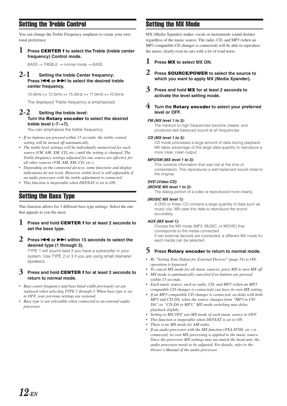 Setting the treble control, Setting the bass type, Setting the mx mode | Alpine CDA-9820XM User Manual | Page 14 / 30