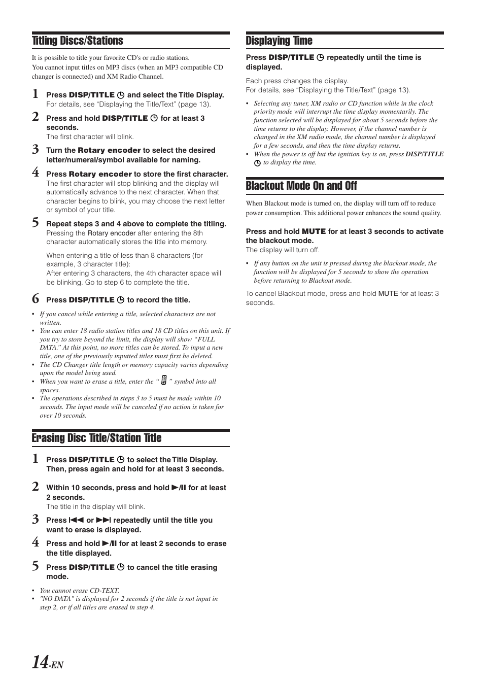 Titling discs/stations, Erasing disc title/station title, Displaying time | Blackout mode on and off | Alpine CDA-9820XM User Manual | Page 16 / 30