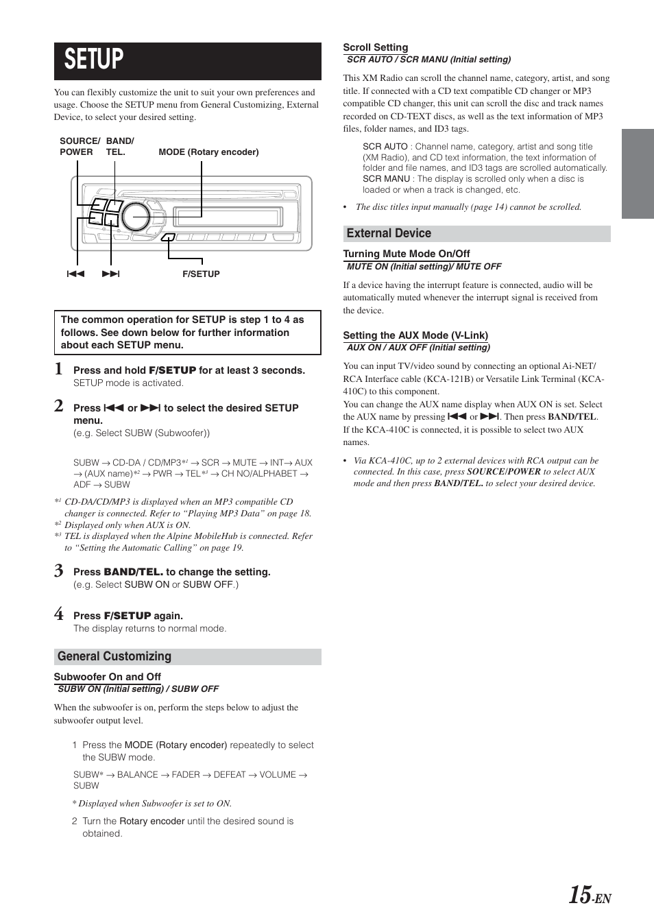 Setup, General customizing, External device | Alpine CDA-9820XM User Manual | Page 17 / 30
