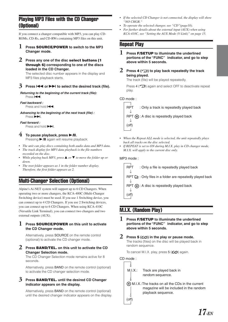 Playing mp3 files with the cd changer (optional), Multi-changer selection (optional), Repeat play | M.i.x. (random play) | Alpine CDA-9820XM User Manual | Page 19 / 30