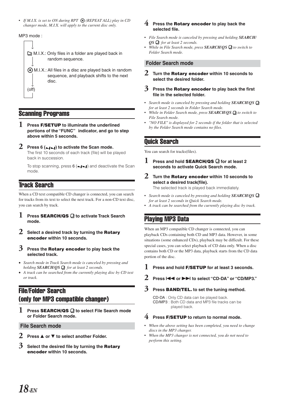 Scanning programs, Track search, Quick search | Playing mp3 data | Alpine CDA-9820XM User Manual | Page 20 / 30