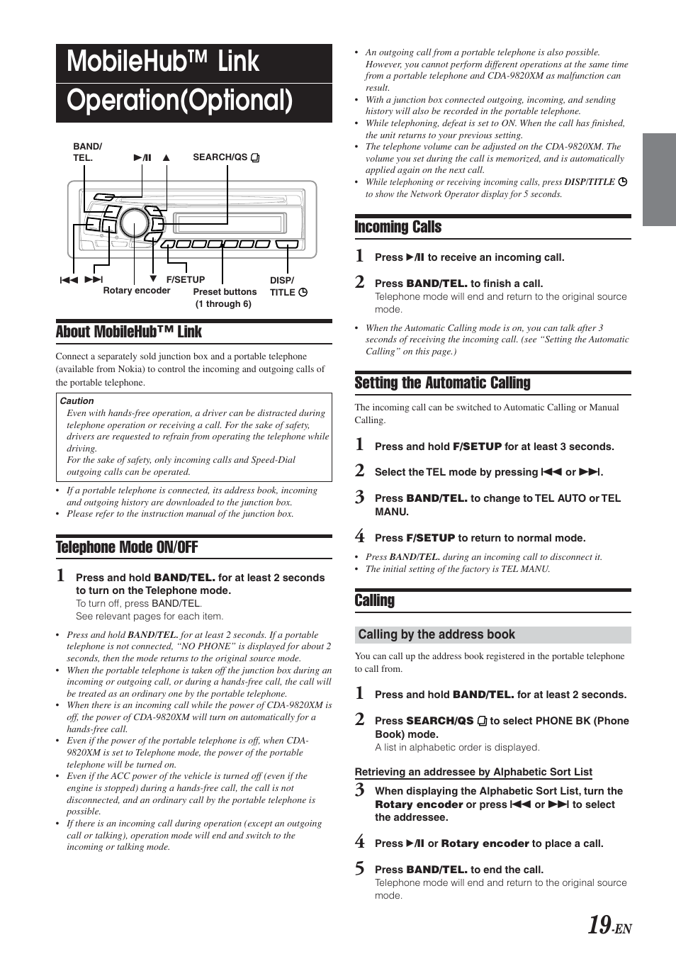 Mobilehub™ link operation(optional), About mobilehub™ link, Telephone mode on/off | Incoming calls, Setting the automatic calling, Calling | Alpine CDA-9820XM User Manual | Page 21 / 30